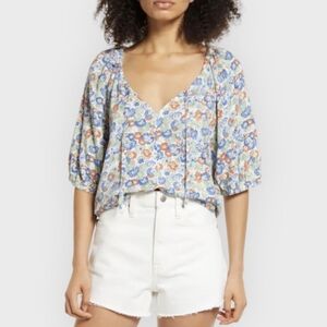 New!Treasure & Bond Womens Peasant Blouse White Floral Short Puff Sleeve Small